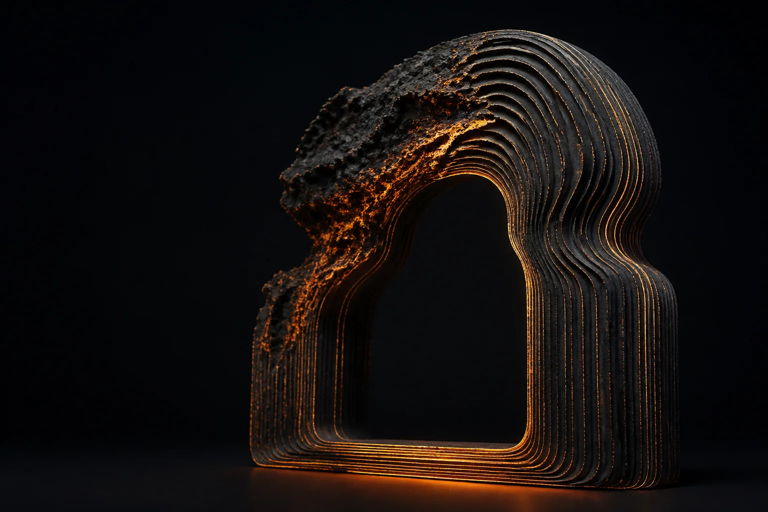 A sculpture of layered black graphite, its charred edges catching ember light.