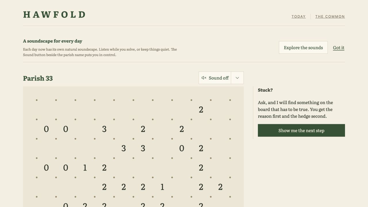 Hawfold’s daily parish with the soundscape introduction above the puzzle and a Sound off button beside the parish name.