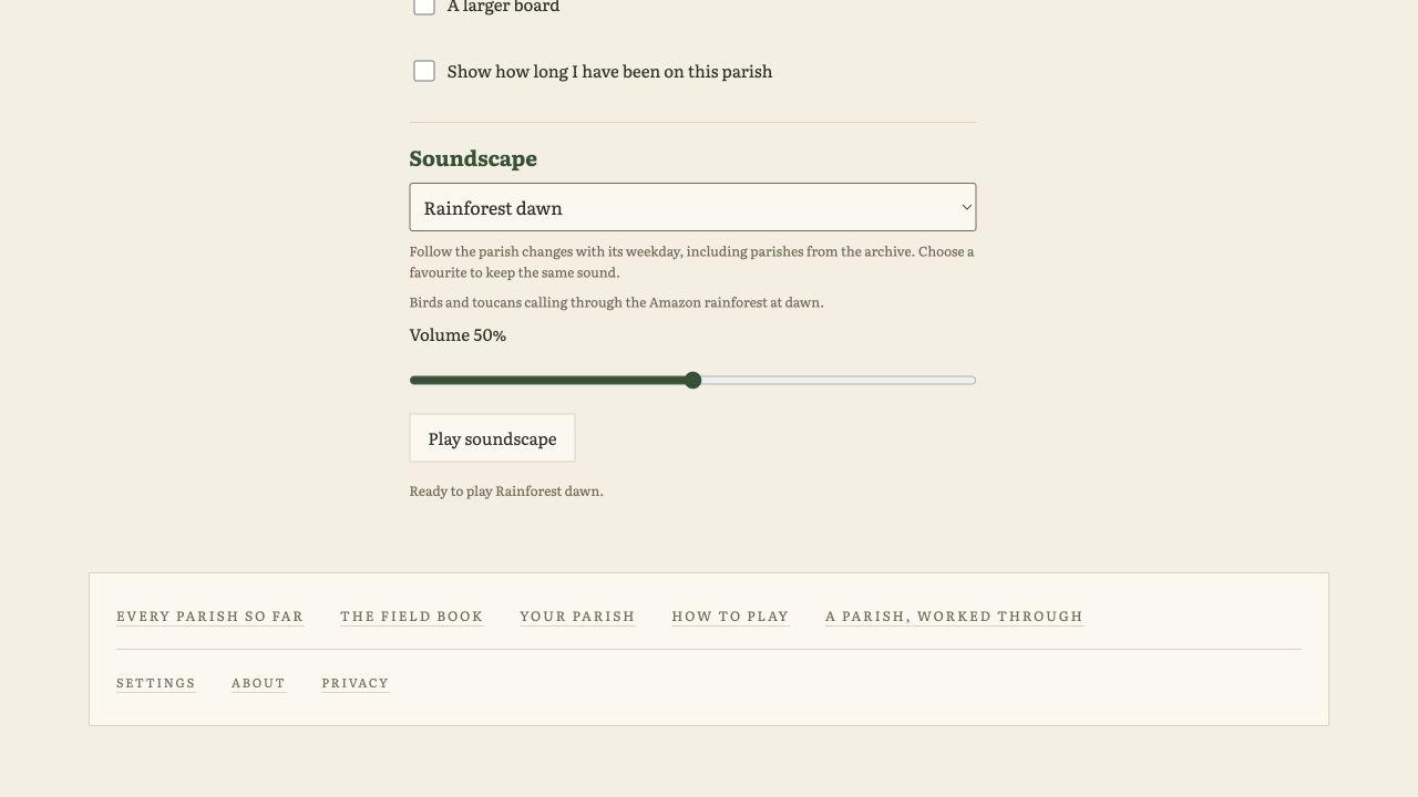 Hawfold’s Soundscape settings showing Rainforest dawn, a volume slider and a Play soundscape button.