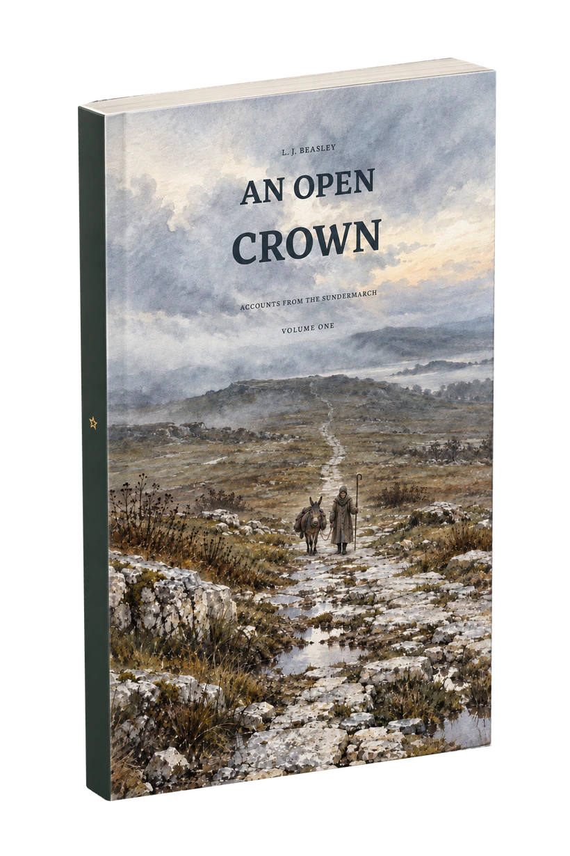 An Open Crown, Accounts from the Sundermarch, Volume One, shown as a three-dimensional book.