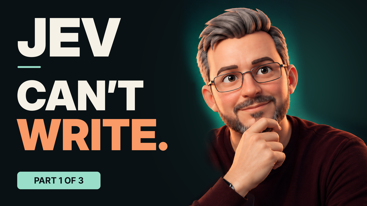 A stylised portrait of Leigh beside the words Jev can’t write and Part 1 of 3.