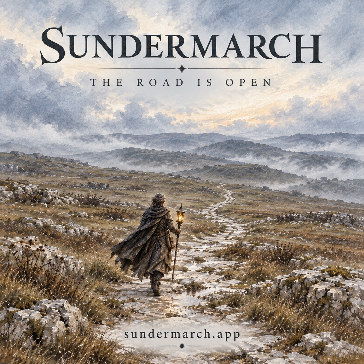 A cloaked traveller with a lantern and staff follows a broken stone road across misty moorland, under the words Sundermarch, the road is open.